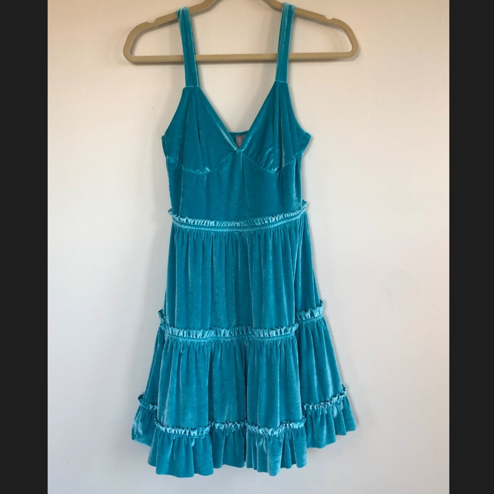 NWT - ASOS Turquoise Velvet Tiered Hem Mini Dress